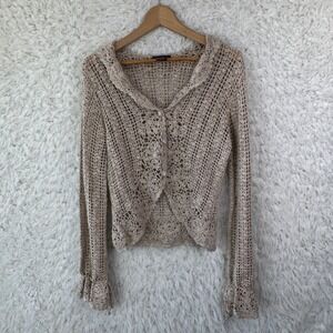 Cami Crochet Knit Cardigan Womens M Tan Boho Open Knit Coquette Cottagecore